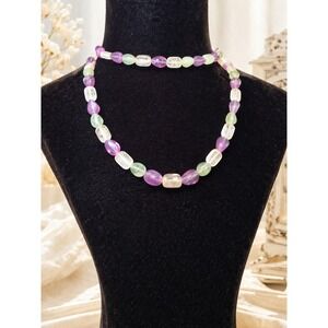 Fluorite Beaded Necklace Long‎ Pastel Purple Green Gemstone Boho Crystal Strand